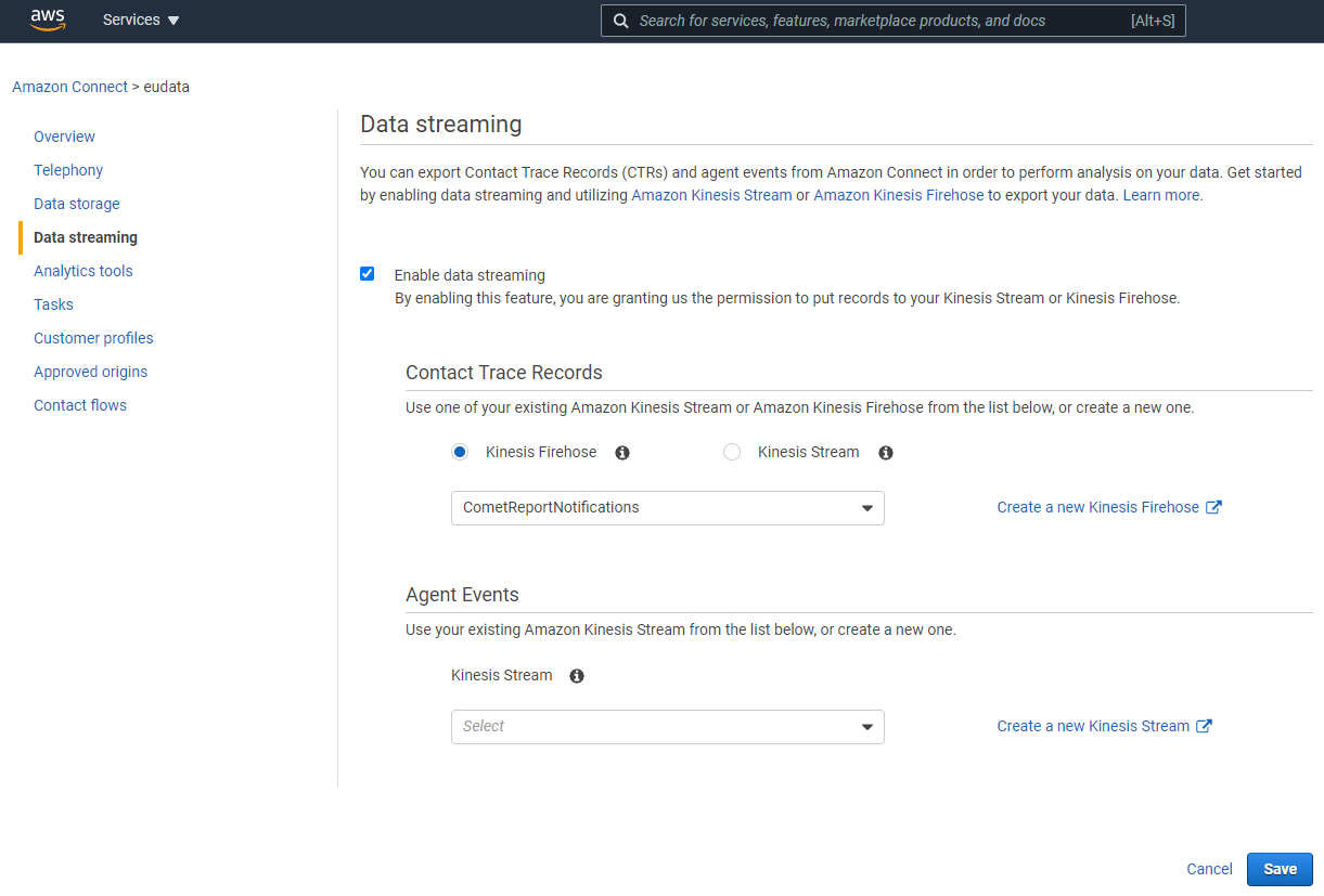 Amazon Connect Data Streaming configuration page with Contact Trace Records section