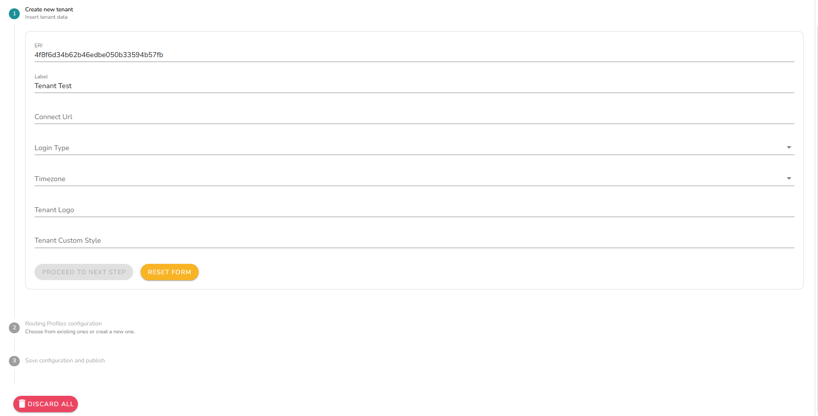 Create tenant wizard step 1: ERI (auto-generated), Label, Connect URL, Login Type, Timezone, Tenant Logo, Tenant Custom Style fields