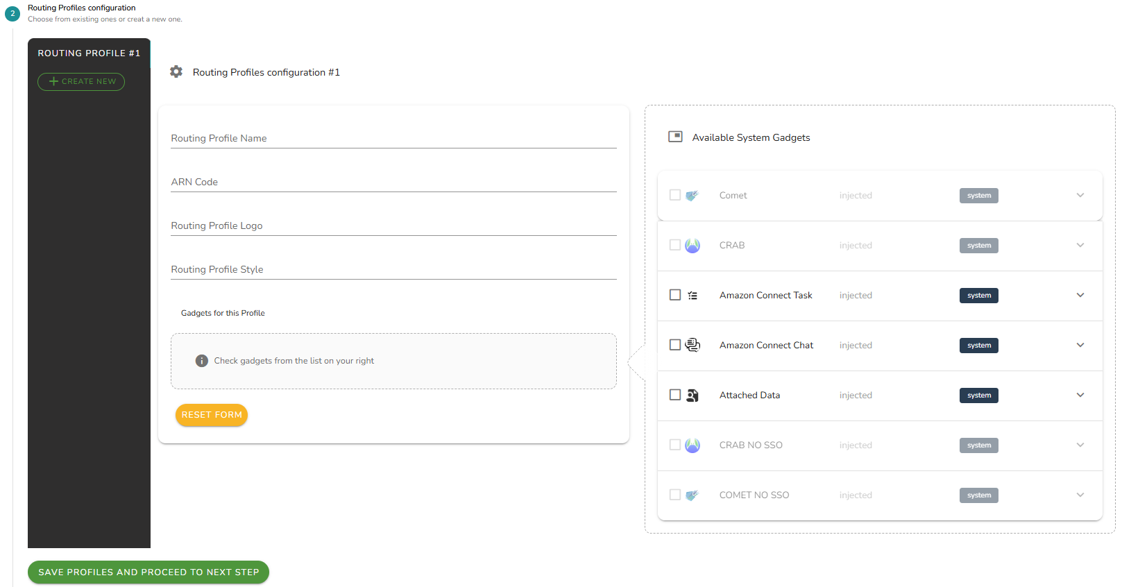Create tenant wizard step 2: Routing Profile configuration form with name, ARN code, logo, style, and available system gadgets