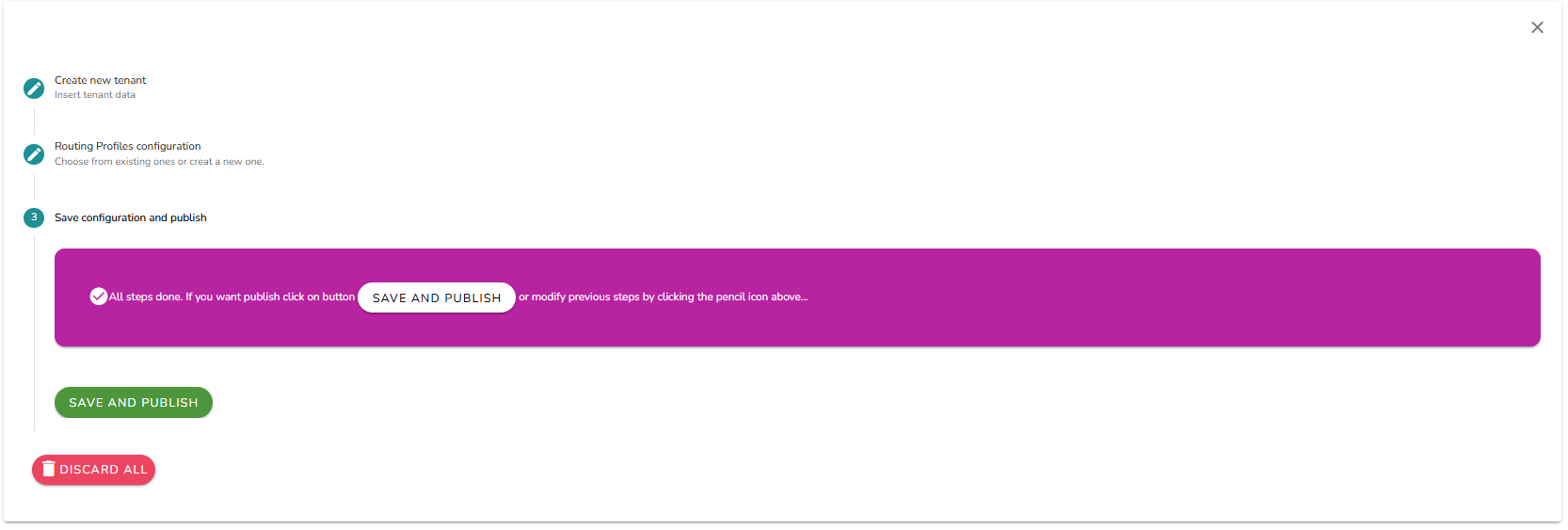 Create tenant wizard step 3: all steps completed, Save and Publish button highlighted