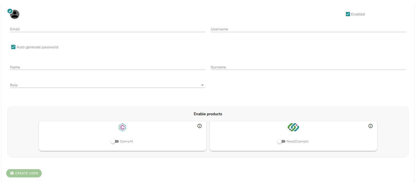 Create user form - Email, Username, auto-generate password toggle, Name, Surname, Role dropdown, Enable products section