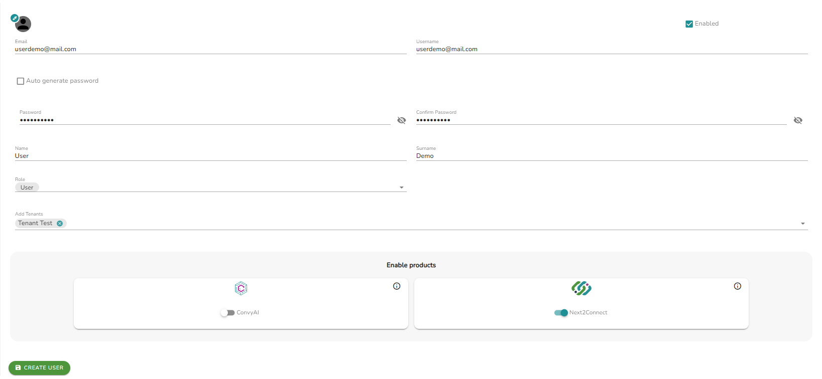 Create user form filled in - Role: User, Tenant Test assigned, Next2Connect enabled
