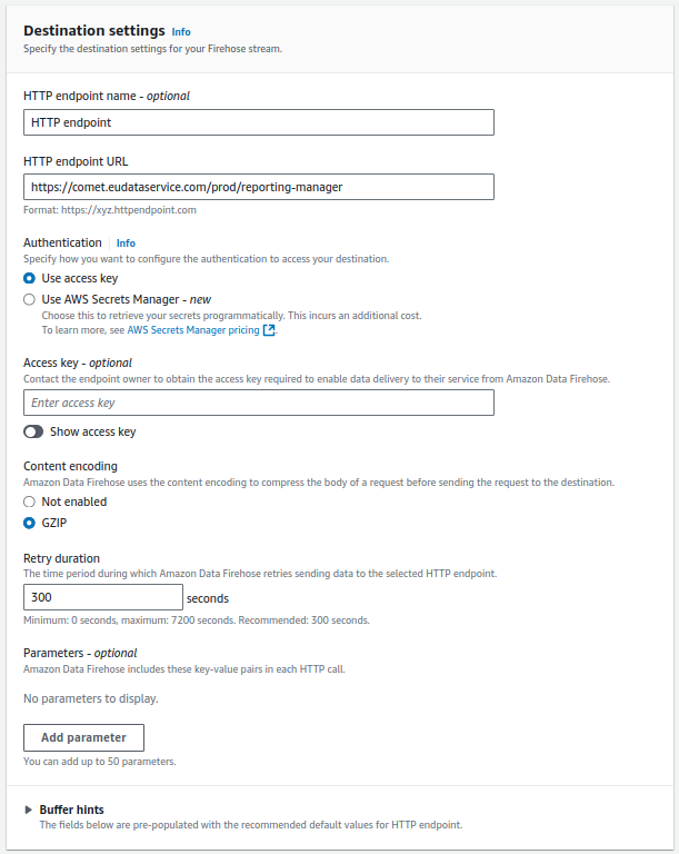 Firehose destination settings with Comet endpoint URL, GZIP encoding, and 300s retry duration