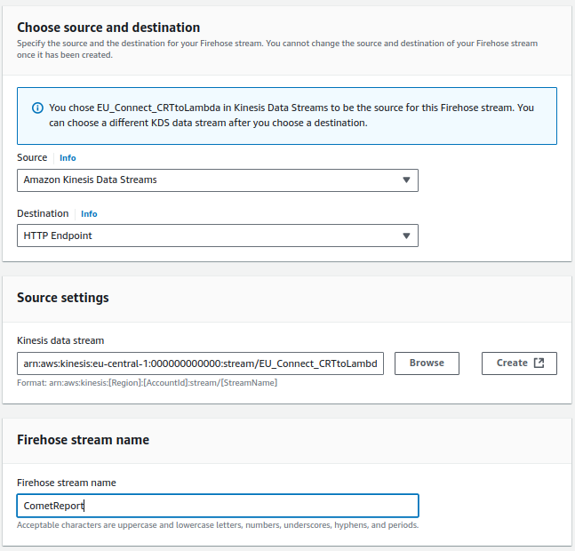 Firehose stream creation - source set to Kinesis Data Streams, destination to HTTP Endpoint