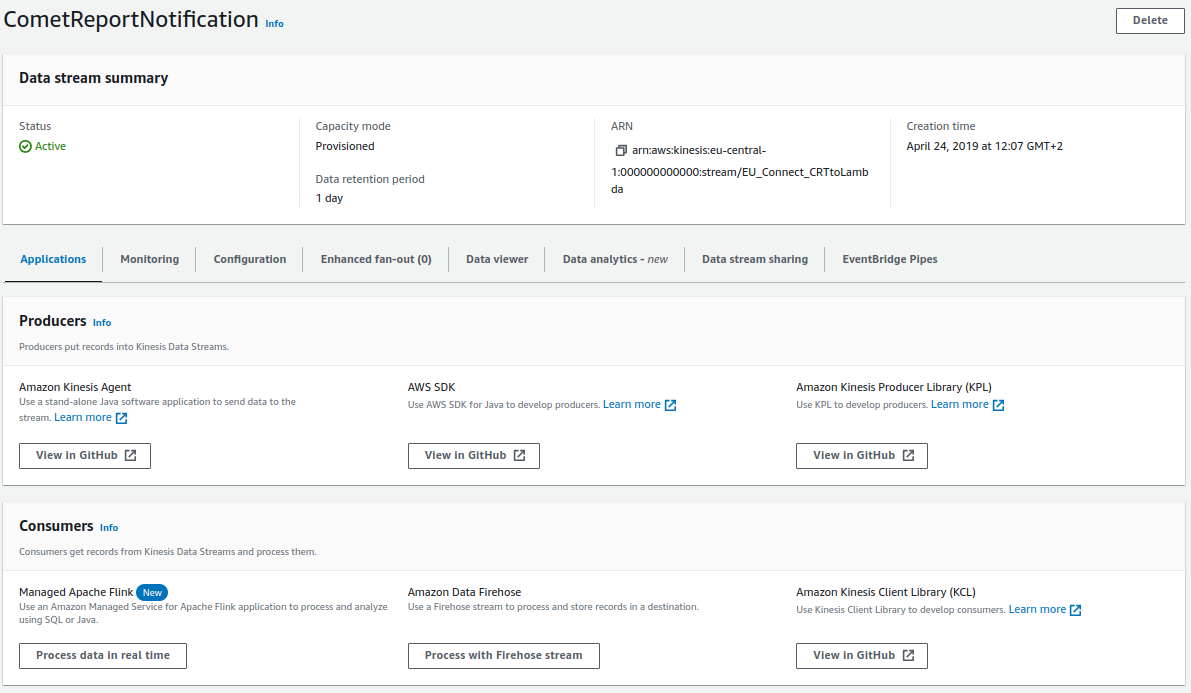 Kinesis Data Stream summary showing the Consumers section with Process with Firehose stream button