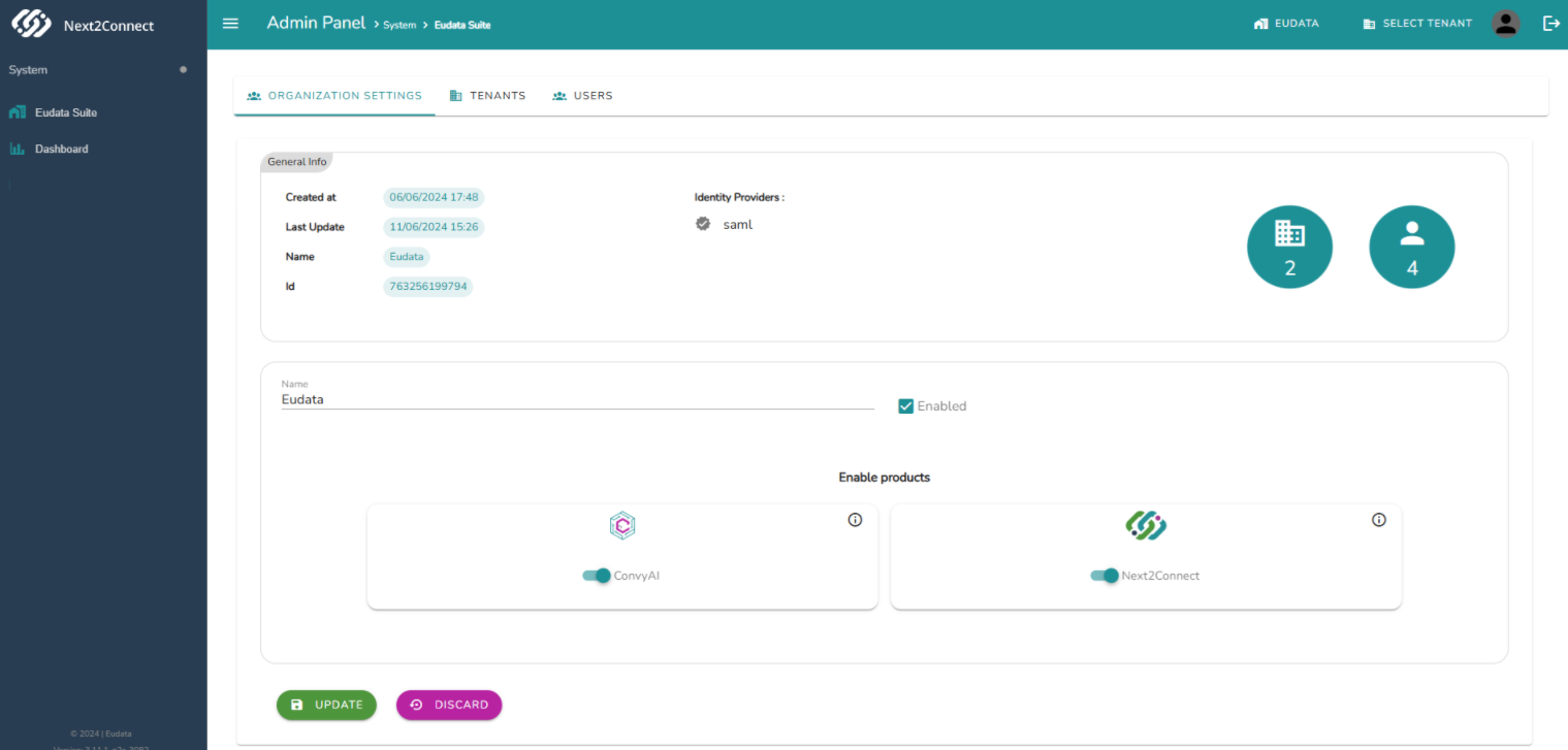 Organization Settings page showing General Info panel and Enable products section with ConvyAI and Next2Connect toggles
