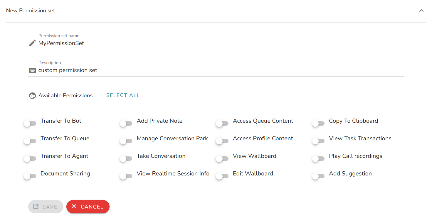 Custom permission set creation form