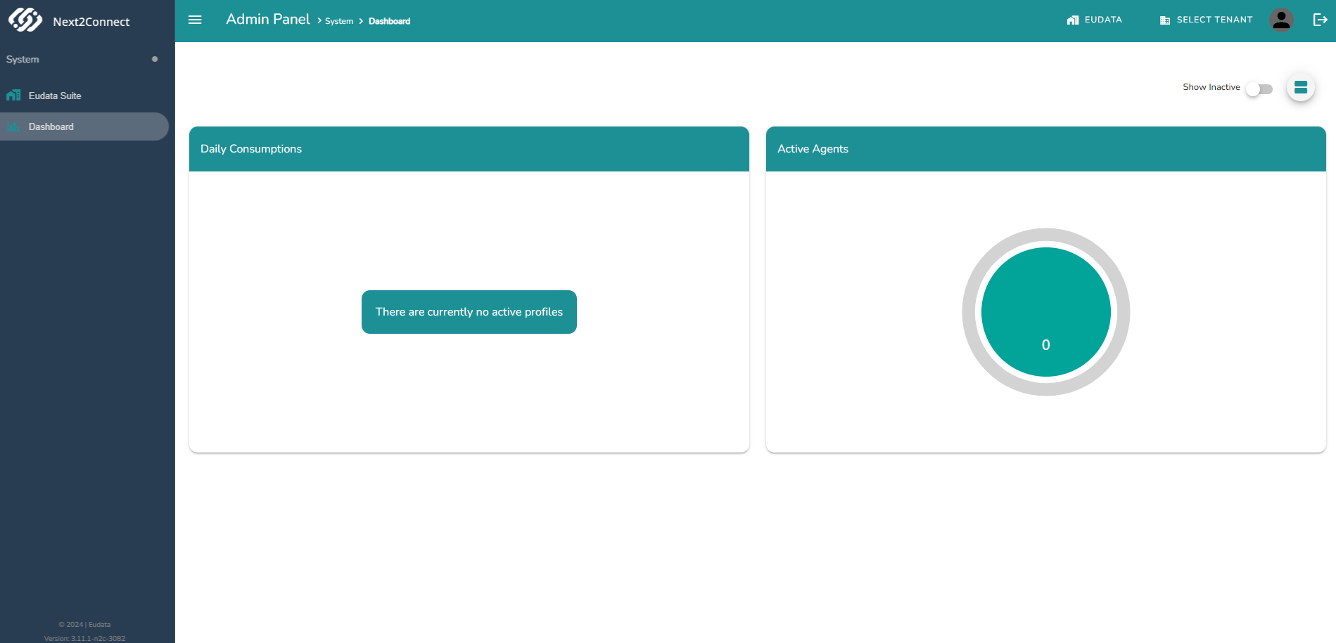 System Dashboard showing Daily Consumptions chart (no active profiles) and Active Agents donut chart showing 0