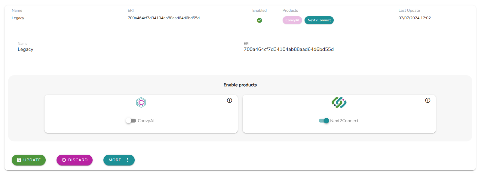 Expanded tenant card showing Name, ERI, enabled status, ConvyAI and Next2Connect product badges, and Update/Discard/More buttons