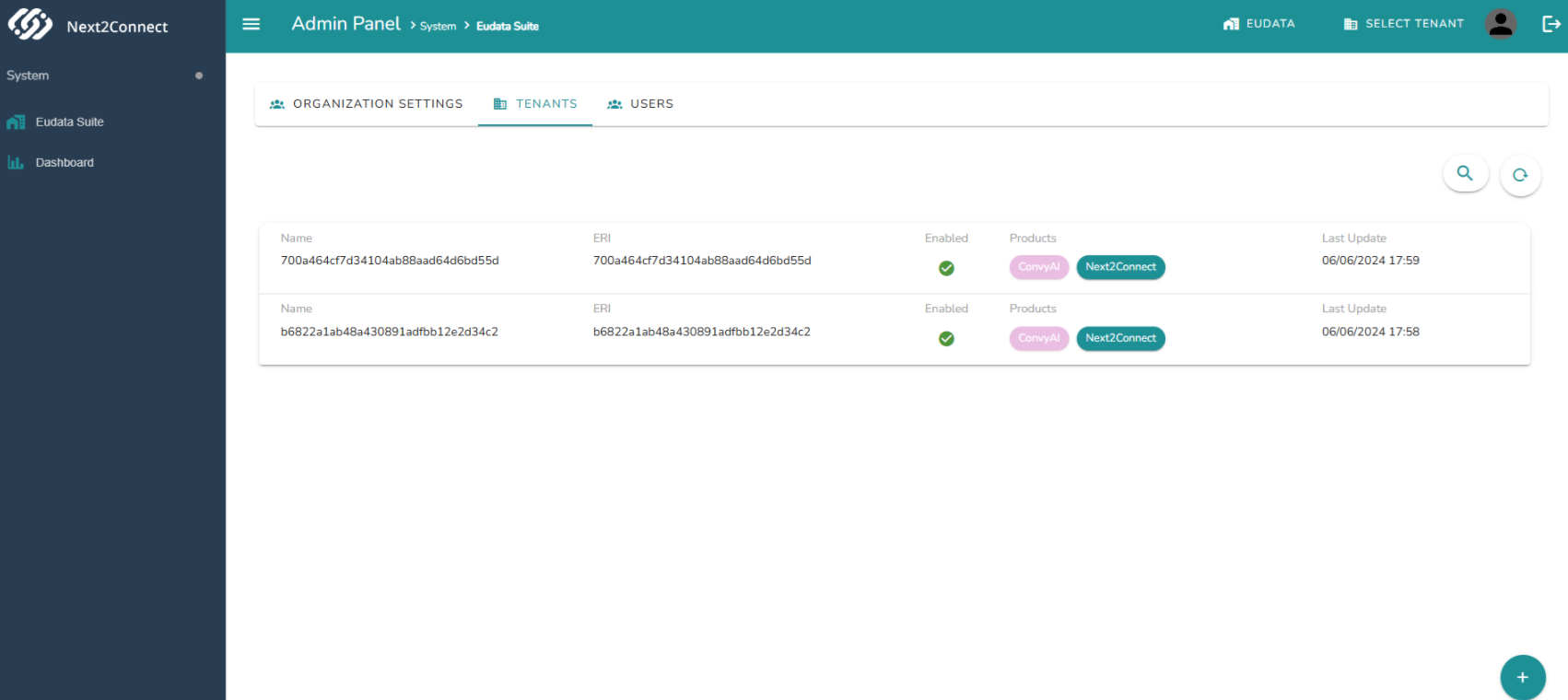 Tenants tab showing a list of tenants with their ERI, enabled status, active products, and last update timestamp