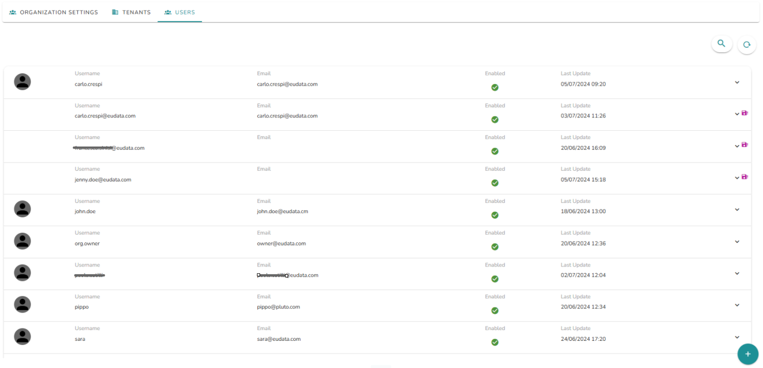 Users tab listing all organization users with username, email, enabled status, and last update