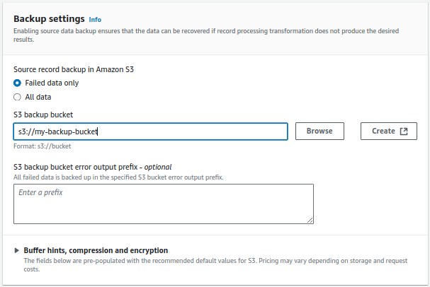 Backup settings Firehose - Failed data only selezionato con bucket S3 configurato
