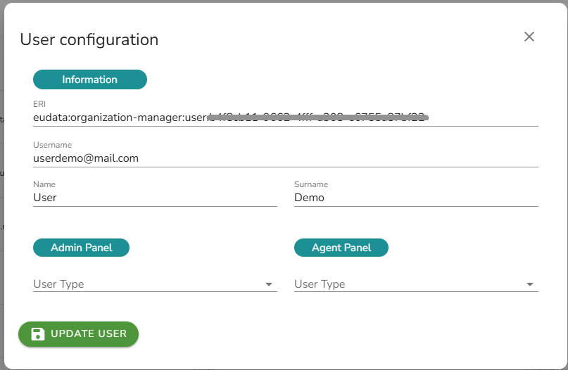 Modale User configuration con sezioni Admin Panel e Agent Panel, ognuna con dropdown User Type